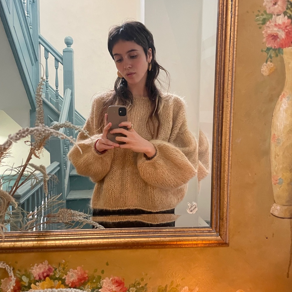 Blue Anemone Mohair Camel/Honey Off-the-Shoulder Sweater Relaxed Fit